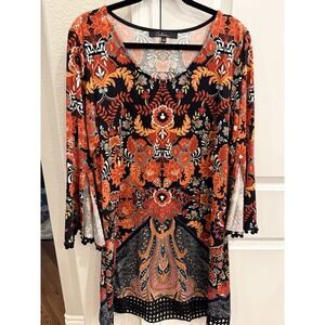 Calessa Top Womens Sz Large Orange Black Multi Fringed Sleeves